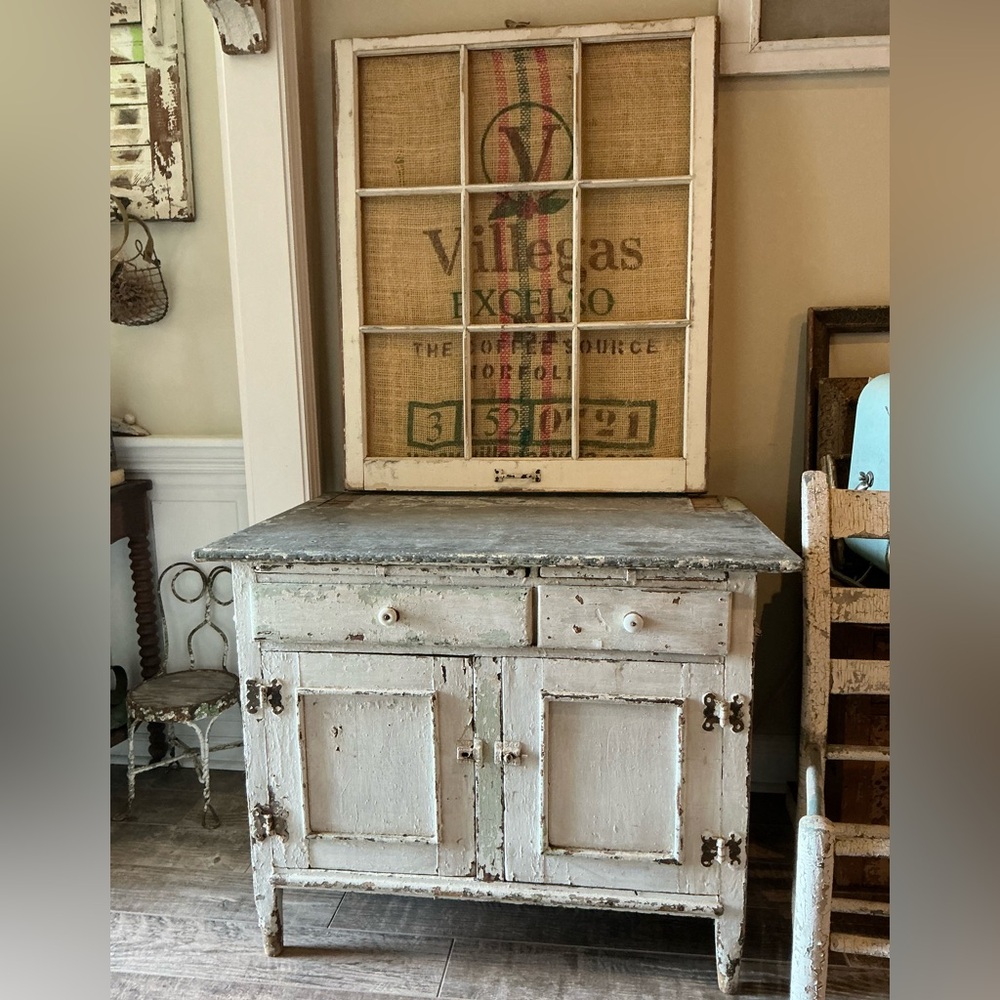 Primitive Farmhouse Chippy Window with framed decor coffee burlap